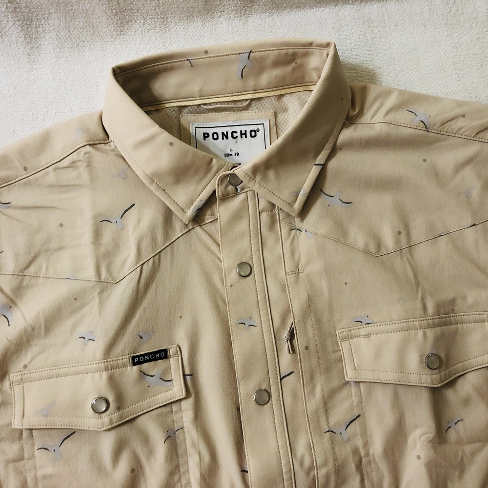 Poncho Shirt Mens Large Beige Stretch Seagull Print Short Sleeve Snap Front